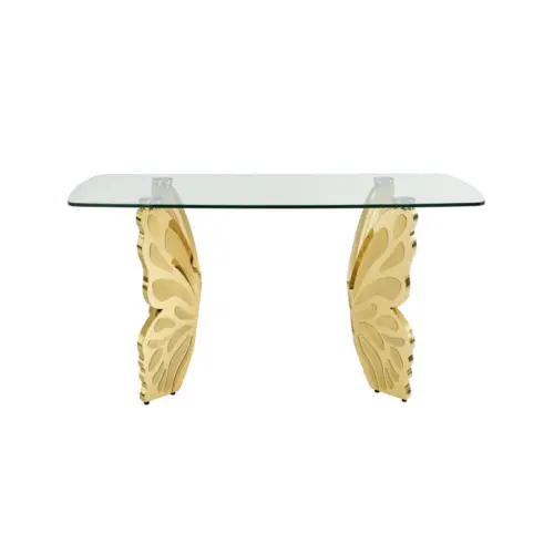 Mesa de cristal templado transparente de acero inoxidable dorado de 12 mm de 220x100x75cm