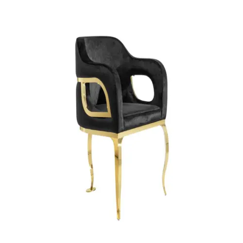 Silla de terciopelo negro con patas doradas de acero inoxidable de 58x63x82cm