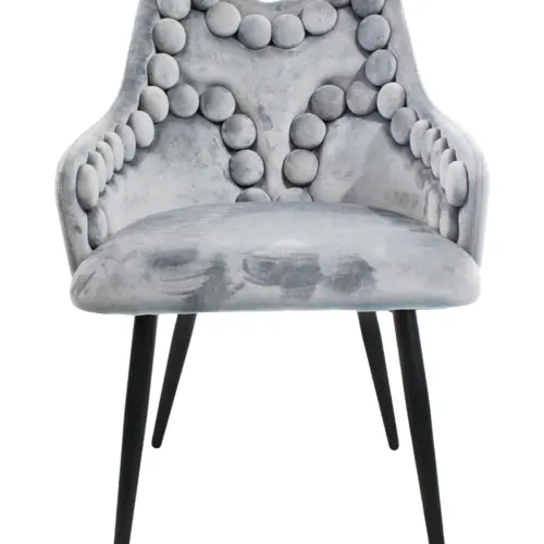 Silla de terciopelo con descansabrazos y diseño en el respaldo gris de 54x61x86cm