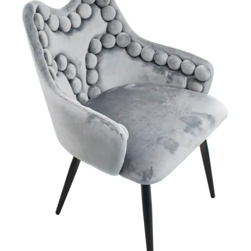Silla de terciopelo con descansabrazos y diseño en el respaldo gris de 54x61x86cm