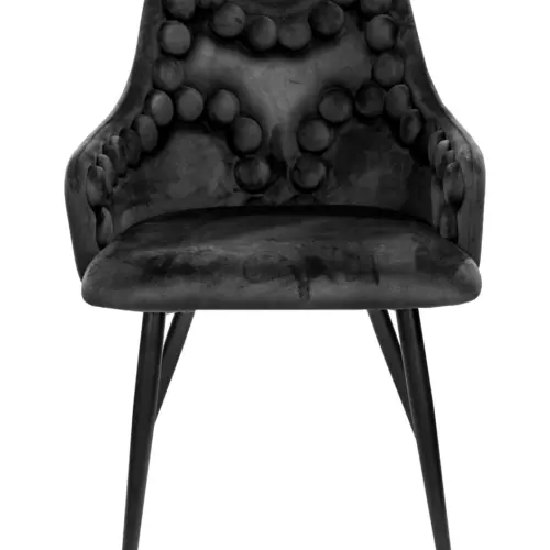 Silla de terciopelo con descansabrazos y diseño en el respaldo negro de 54x61x86cm