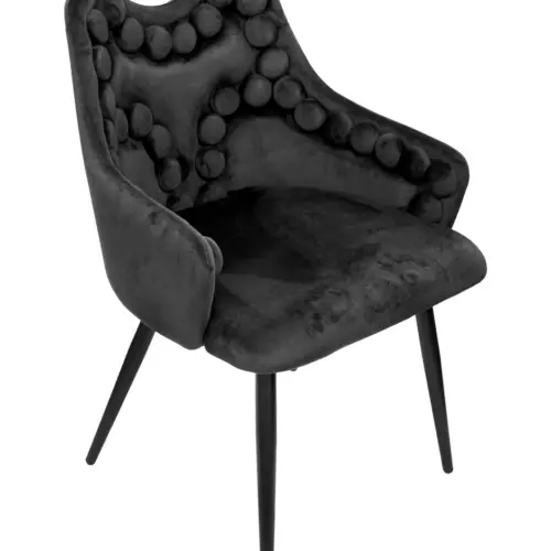 Silla de terciopelo con descansabrazos y diseño en el respaldo negro de 54x61x86cm