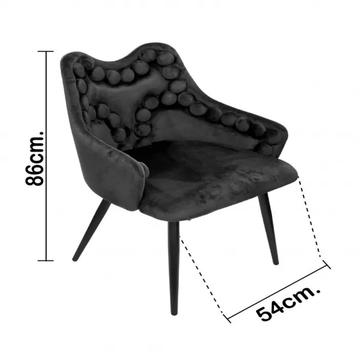 Silla de terciopelo con descansabrazos y diseño en el respaldo negro de 54x61x86cm - Image 4