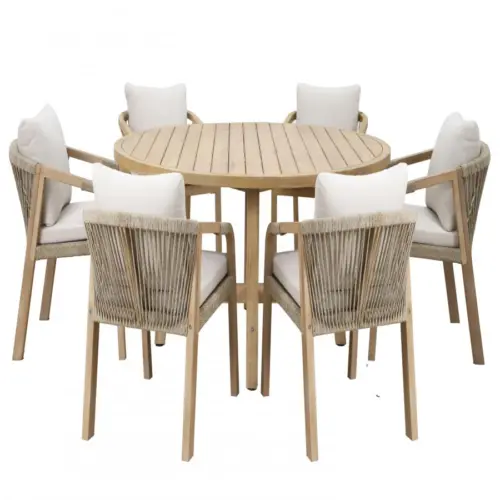 Mesa con 6 sillas con cojines de madera acacia de 180x75cm