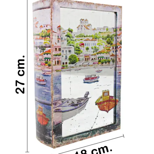 Caja de libro con espejo diseño lanchas en agua de 27x18x7cm