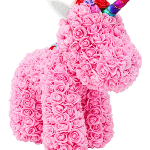 Unicornio forrado de flores rosa de 20x35x37cm