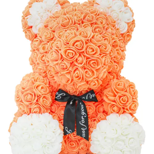 Oso forrado de flores naranja con blanco de 26x26x34.5cm