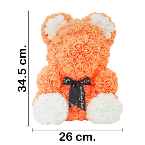 Oso forrado de flores naranja con blanco de 26x26x34.5cm