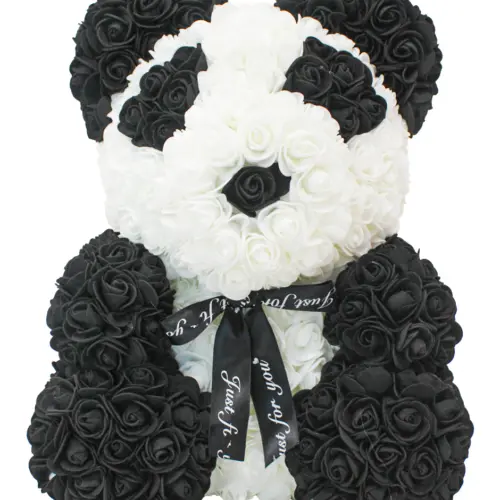 Oso forrado de flores negras con blanco de 26x26x34.5cm