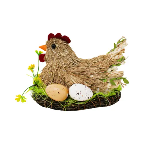 Gallina de fibras naturales empollando de 14x16x11cm