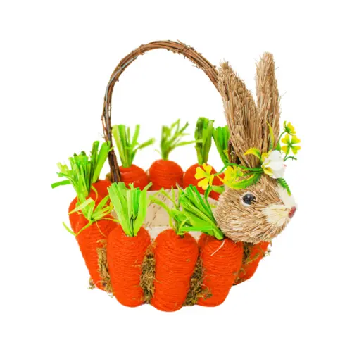 Canasta de fibras naturales con conejo y zanahoria de 20x23x22cm