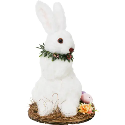 Conejo de fibras naturales blanco con huevos de 19x21x29cm