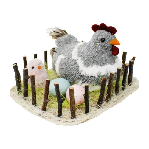 Nido con gallina gris y huevos de 30x29x21cm