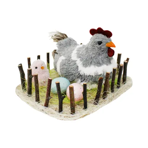 Nido con gallina gris y huevos de 26x22x15cm