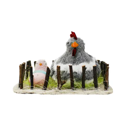 Nido con gallina gris y huevos de 26x22x15cm