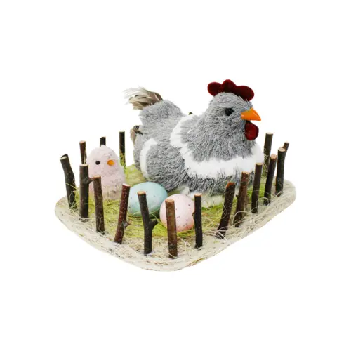 Nido con gallina gris y huevos de 21x18x11cm