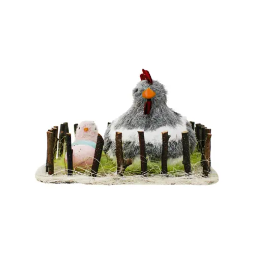 Nido con gallina gris y huevos de 21x18x11cm