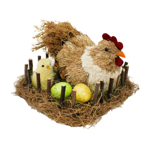 Nido con gallina de fibras naturales café y huevos de 26x23x15cm