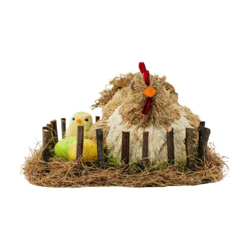 Nido con gallina de fibras naturales café y huevos de 26x23x15cm