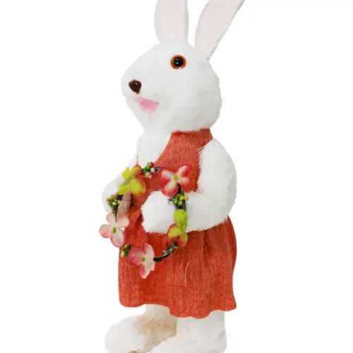 Coneja de fibras naturales con vestido naranja y corona de 16x15x44cm