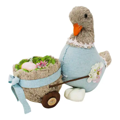Pato vestido de azul con carrito de huevo de 13x35x26cm