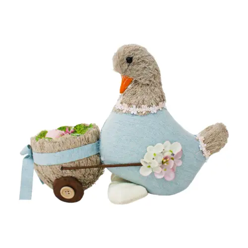 Pato vestido de azul con carrito de huevo de 13x35x26cm