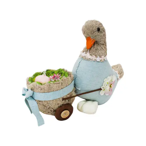 Pato vestido de azul con carrito de huevo de 12x28x20cm