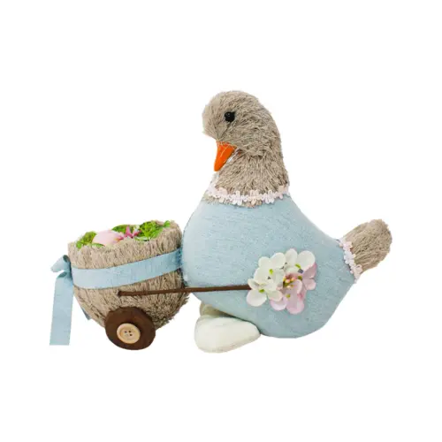 Pato vestido de azul con carrito de huevo de 12x28x20cm