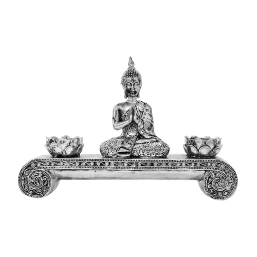 Candelabro de poliresina diseño buda plateado de 25x5x17cm