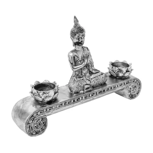 Candelabro de poliresina diseño buda plateado de 25x5x17cm