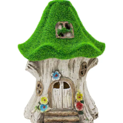 Casa de árbol de poliresina con techo verde de 17x17x25.5cm