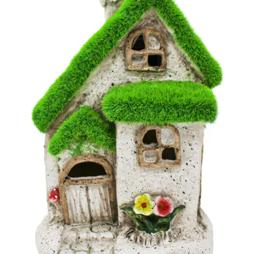 Casa de árbol de poliresina con techo verde de 16.5x14x22.5cm