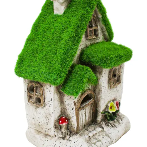 Casa de árbol de poliresina con techo verde de 16.5x14x22.5cm
