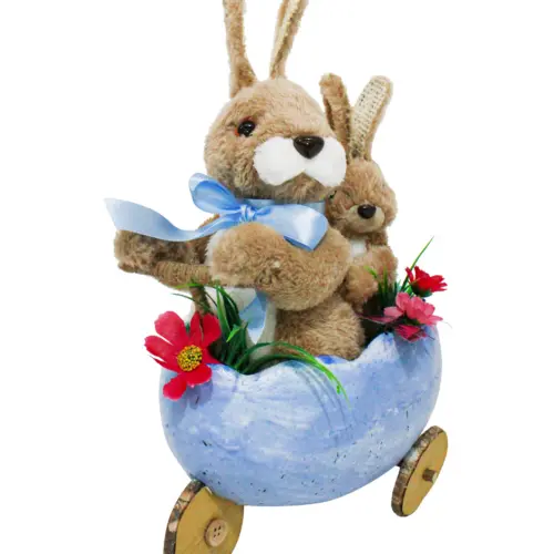 Conejo de pascua en carrito diseño cascaron azul de 20x14x28cm