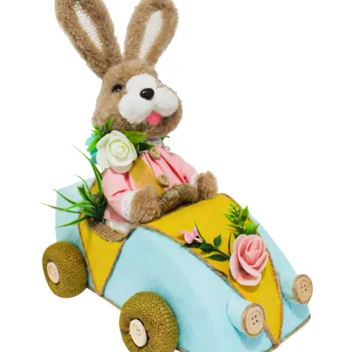 Coneja en coche azul claro con amarillo de 23x15x29cm
