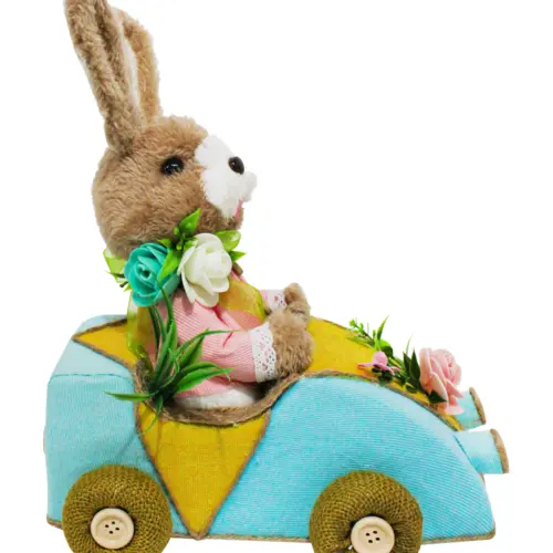 Coneja en coche azul claro con amarillo de 23x15x29cm