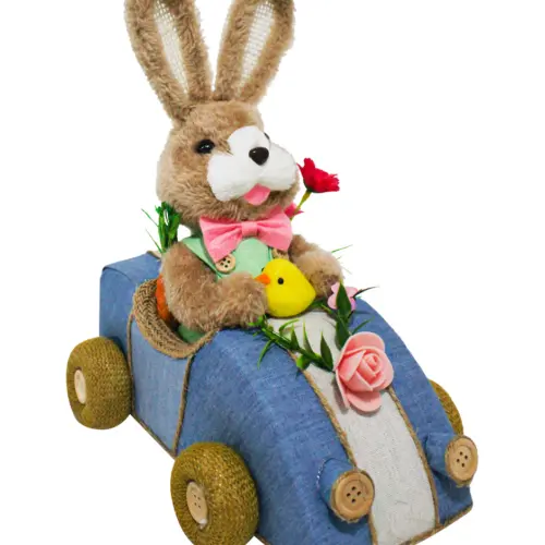 Conejo en coche azul de 23x15x29cm
