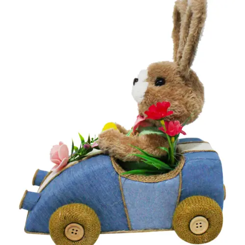 Conejo en coche azul de 23x15x29cm