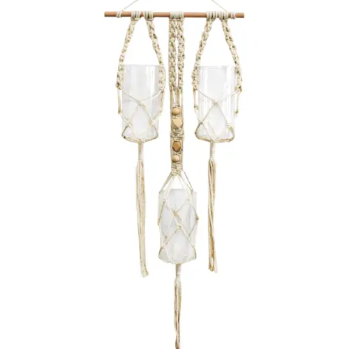 Colgante de macrame de tiras con 3 floreros de vidrio de 8x30x90cm