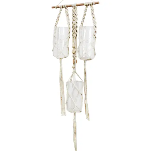 Colgante de macrame de tiras con 3 floreros de vidrio de 8x30x90cm
