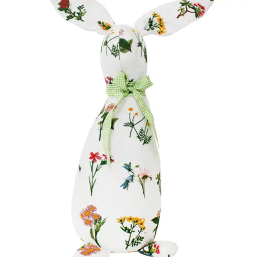 Decoración diseño conejo blanco con detalles de flores con moño verde de 10x15x58cm