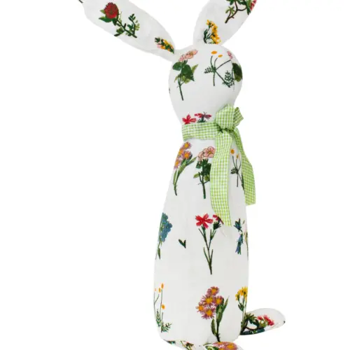 Decoración diseño conejo blanco con detalles de flores con moño verde de 10x15x58cm