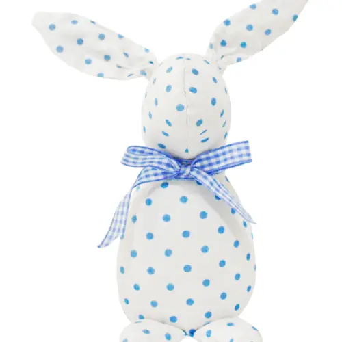 Decoración diseño conejo de tela blanca con puntos azules con moño azul de 4.5×6.5x21cm