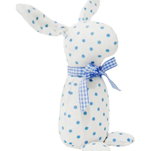 Decoración diseño conejo de tela blanca con puntos azules con moño azul de 4.5×6.5x21cm