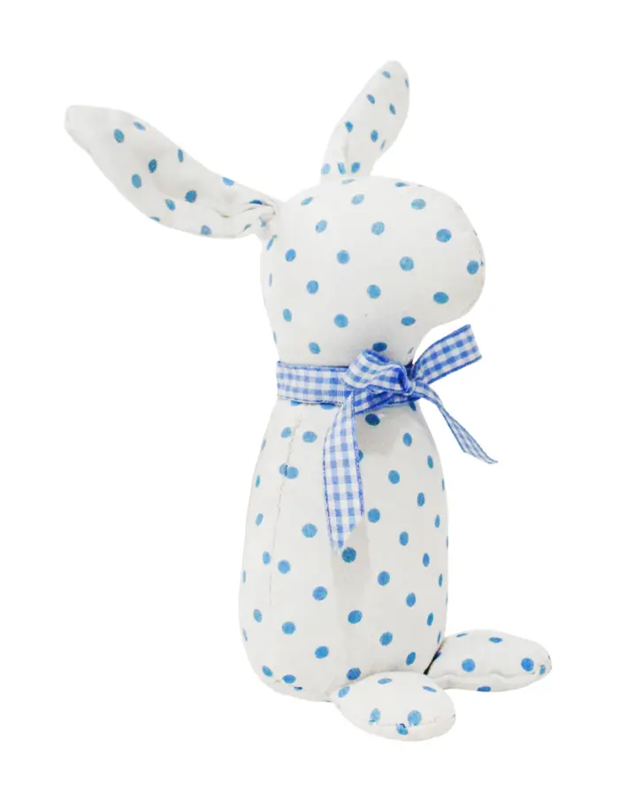 Decoración diseño conejo de tela blanca con puntos azules con moño azul de 4.5x6.5x21cm - Image 2