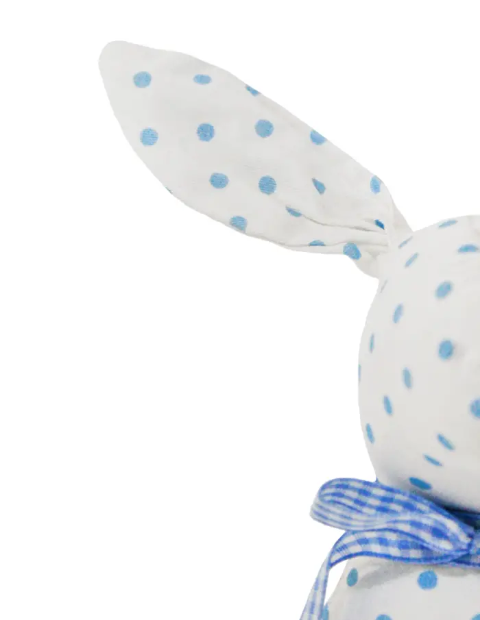 Decoración diseño conejo de tela blanca con puntos azules con moño azul de 4.5x6.5x21cm - Image 3
