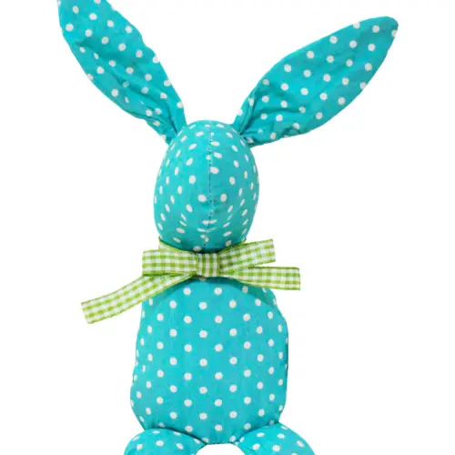 Decoración diseño conejo de tela azul con puntos blancos y moño verde de 4.5×6.5x21cm