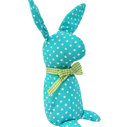 Decoración diseño conejo de tela azul con puntos blancos y moño verde de 4.5×6.5x21cm