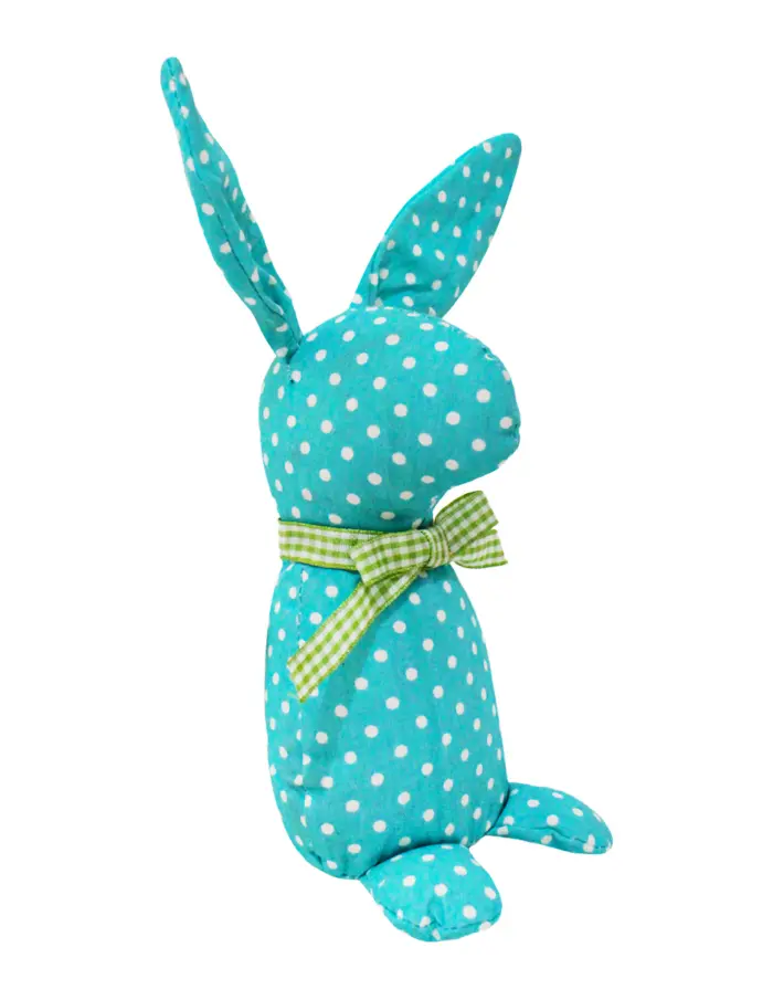 Decoración diseño conejo de tela azul con puntos blancos y moño verde de 4.5x6.5x21cm - Image 2