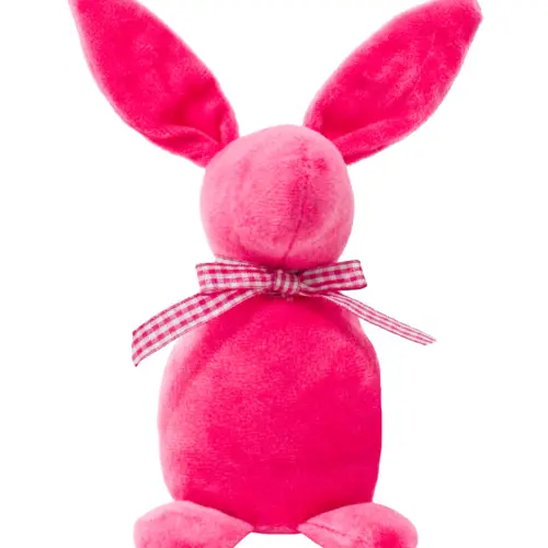 Decoración diseño conejo de tela rosa liso con moño rosa con puntos de 4.5×6.5x21cm